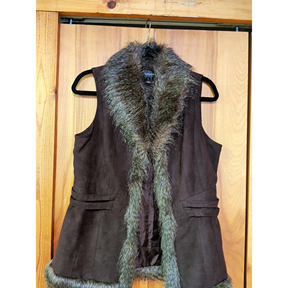 Bagatelle Womens Brown Faux Fur Trim Open Front Lined Mid-Length Vest S